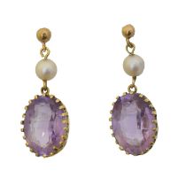 A pair of 9ct gold amethyst and cultured pearl drop earrings,