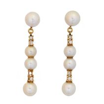 A pair of cultured pearl and diamond drop earrings,