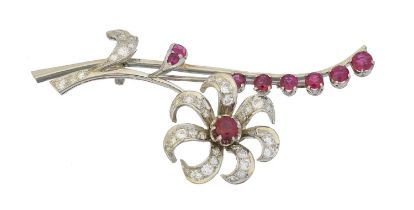 A 1940s 18ct gold ruby and diamond brooch,