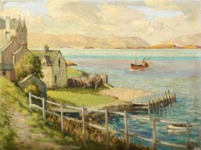 British School (20th century) Scottish coastal view with Clyde puffer