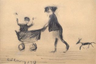 L.S. Lowry R.A. (British 1887-1976) Woman pushing child in a pram with dog following