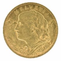 Switzerland, Helvetia, 10 Francs, 1911 B, gold coin.
