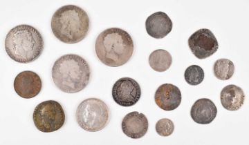 Selection of hammered and other mainly silver British coins and others.