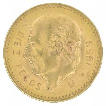 Mexico, 10 Pesos, 1959 (restrike), gold coin.