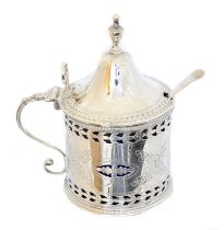 A George III silver and blue glass mustard pot,