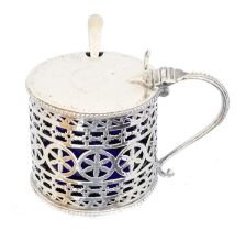 A George III silver and blue glass mustard pot,