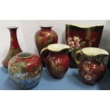 A Crown Devon Rouge Royale vase, height 9ins, together with two Crown Devon jugs, two Wilton Ware