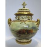 A Royal Worcester bow piece, decorated with Highland cattle in an extensive landscape, with loch