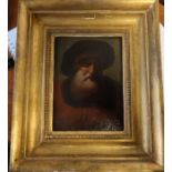 A 19th century oil on panel, portrait of a man with hat and beard, 4.75ins x 3.5ins