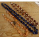 Two hardstone bead necklaces, together with a simulated lapis lazuli necklace