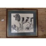 A pair of prints, one of a spaniel and puppies, the other of dogs attacking a boar, Continental,