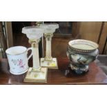 A pair of Royal Worcester blush ivory Corinthian column candlesticks, with glass sconces, af, height