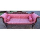 A 19th century mahogany and upholstered settee, with carved back and scroll arms, length 88ins