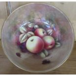 A porcelain bowl, decorated to the interior and exterior with fruit to a mossy background by R Budd,