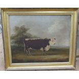 William Henry Davis, oil on canvas, 19th century portrait of a primitive bull in landscape, 21ins