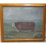 William Payne, oil on canvas, 19th century portrait of a primitive bull in landscape, 19.5ins x