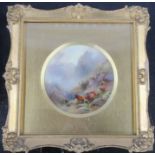 A framed Royal Worcester circular plaque, decorated with Highland Cattle in landscape by John