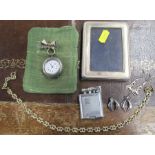 A silver cased ladies fob watch, together with a lighter, costume jewellery and a silver mounted