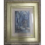 C Plousse?, watercolour, interior of a Cathedral with figures, 14.5ins x 9.5ins