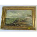 A 19th century English School, oil on board, figures on beach with horse and cart, looking out to