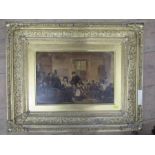 A Victorian print, on canvas, classroom scene, 9.5ins x 14ins, together with an overpainted portrait