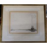 Smart, two etchings, river scenes, one with a factory, the other with boats and buildings, 8ins x