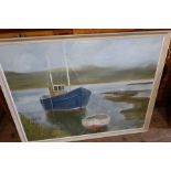 A Thistlethwaite, eight oils on canvas. Subjects - Country Lane, Seascape, Boats, Farmer, Cows and