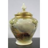 A Royal Worcester covered pot pourri, decorated to the front with Highland cattle in landscape by