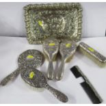 A collection of hallmarked silver dressing table brushes, hand mirror and comb, together with a