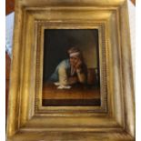A 19th century oil on panel, man smoking a clay pipe, leaning on a table with three playing cards,