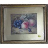 R Sebright, watercolour, study of fruit to a mossy background, 6ins x 7.25ins