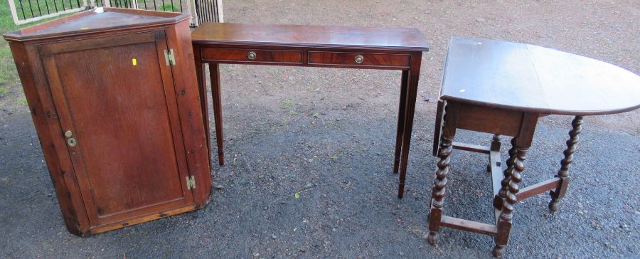 An oak gateleg table, together with a reproduction mahogany sidetable and an oak corner cupboard