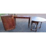 An oak gateleg table, together with a reproduction mahogany sidetable and an oak corner cupboard