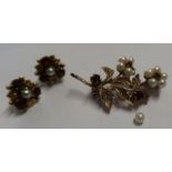 A garnet and pearl brooch, of flower head and leaf design, together with a pair of garnet and