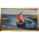 A 20th century Russian school oil on canvas, sailing boats, signed, 23ins x 38.5ins