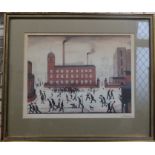 L S Lowry, colour print, red brick factory with figures, signed in pencil, 13ins x 17ins