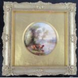 A framed Royal Worcester circular plaque, painted with lowland cattle in a landscape by John