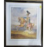 A 19th century watercolour, 10th Hussars, portrait of a military figure on horseback, 13ins x 10.