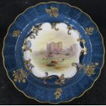 A Royal Worcester dish, decorated with a view of Kenilworth Castle with cattle in the foreground