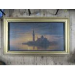 H Cook, 1889, oil on canvas, evening view across water, Venetian scene. 12ins x 24.5ins