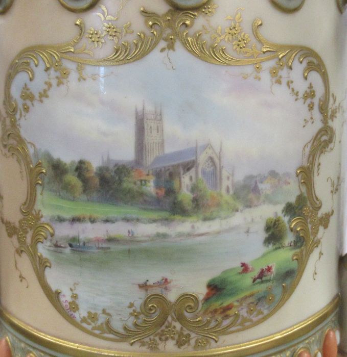 A Royal Worcester presentation trophy, decorated with three panels painted with fruit and a view - Image 2 of 8