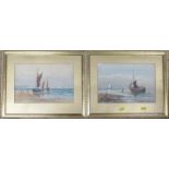 R Wilding, two watercolours, beach scenes with boats and figures, 7.5ins x 11ins