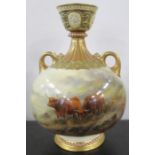 A Royal Worcester twin handled vase, decorated with Highland cattle in landscape by John Stinton,