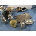 A collection of hallmarked silver, to include a pair of cruets, a three piece cruet set, a mother of