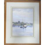 J T Rolph, watercolour, river scene with boats, 14ins x 10.5ins