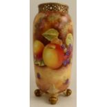 A Royal Worcester cylindrical vase, decorated all around with fruit to a mossy background by Leaman,