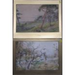 C H C Baldwyn, two watercolours, sheep in landscape and magpies flying through threes, unframed,