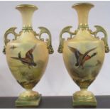 A pair of Graingers Worcester blush ivory pedestal vases, decorated to the front with Mallard