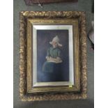An oil on canvas, portrait of a Dutch girl seated, 15.5ins x 9.5ins