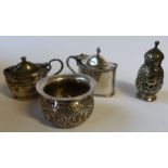 Two silver mustard pots, together with a silver pepper pot and a small bowl